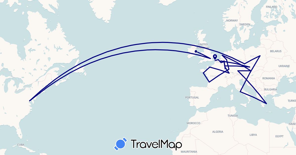 TravelMap itinerary: driving in Belgium, Switzerland, Czech Republic, Germany, France, United Kingdom, Greece, Ireland, Italy, Luxembourg, Netherlands, Poland, Slovakia, United States (Europe, North America)